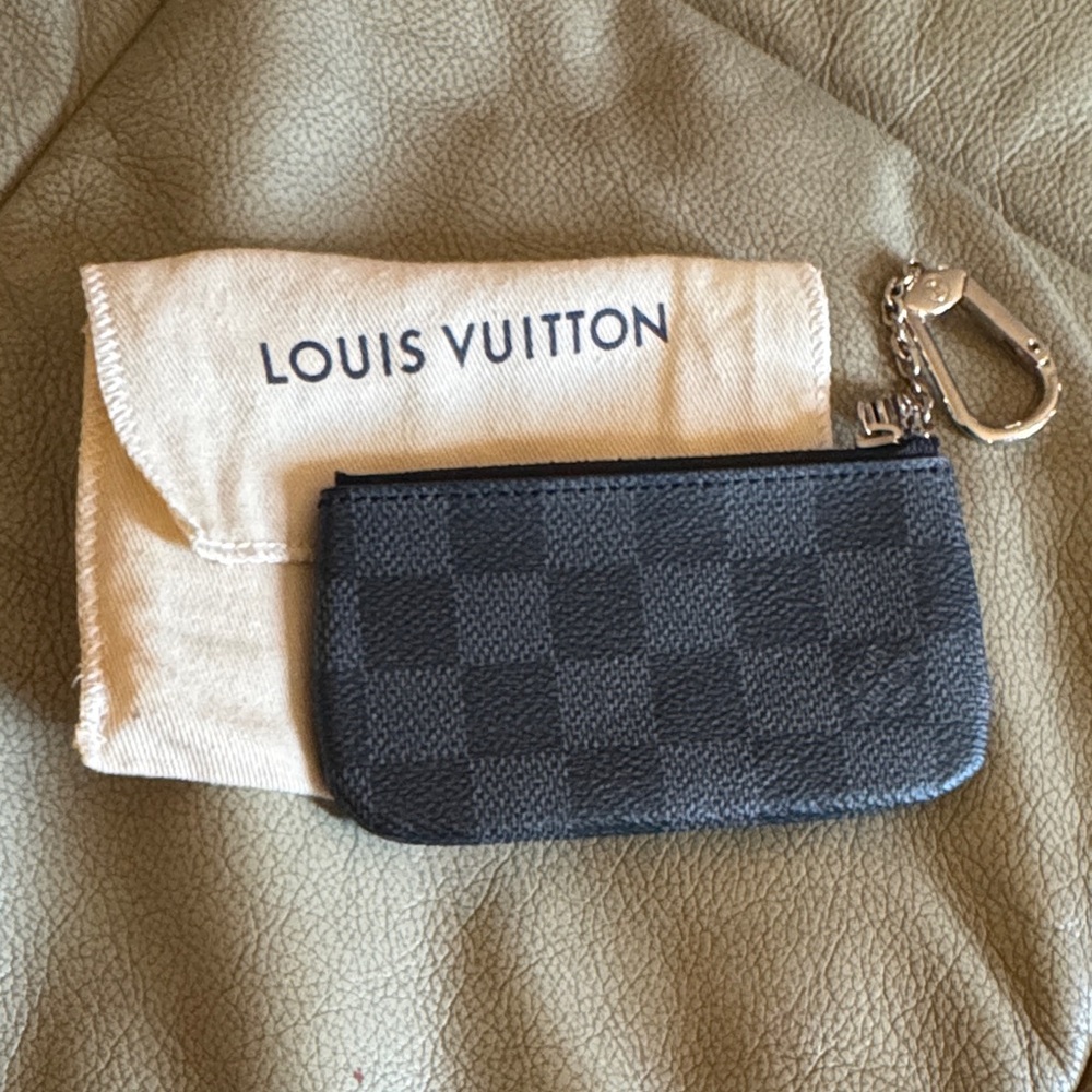 Louis Vuitton Black Checkered Key Pouch with Silver Chain